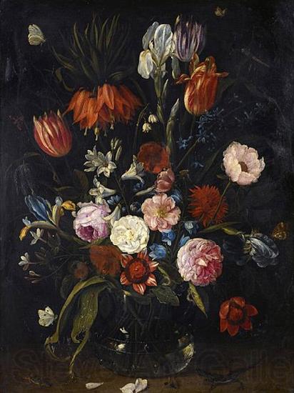 Jan Van Kessel the Younger A still life of tulips, a crown imperial, snowdrops, lilies, irises, roses and other flowers in a glass vase with a lizard, butterflies, a dragonfly a France oil painting art